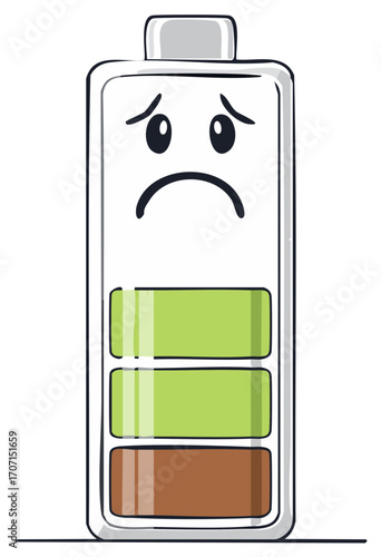 Sad battery icon with low charge level and expressive face illustration