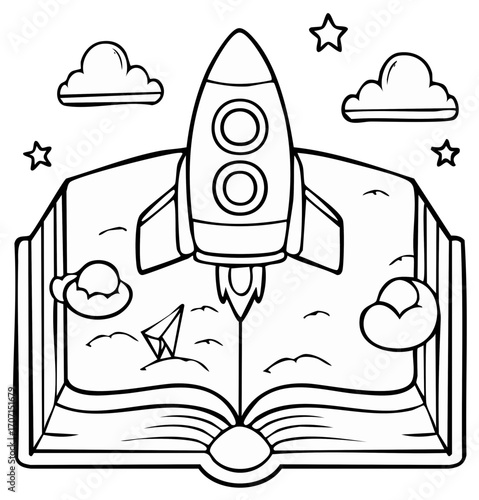 Rocket launching from open book with clouds and stars, line art illustration for coloring activity