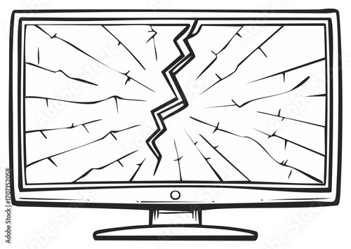 Broken Screen Display Monitor with Spiderweb Crack Line Drawing