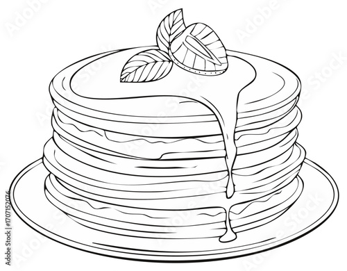 Delicious Stack of Pancakes Topped with Dripping Syrup and Fresh Strawberry and Mint Leaves