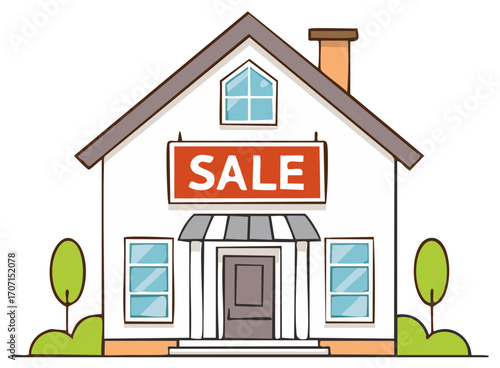 Cartoon house with a sale sign hanging above the entrance in a simple illustrative style.
