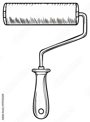 Black and white illustration of a paint roller with a handle