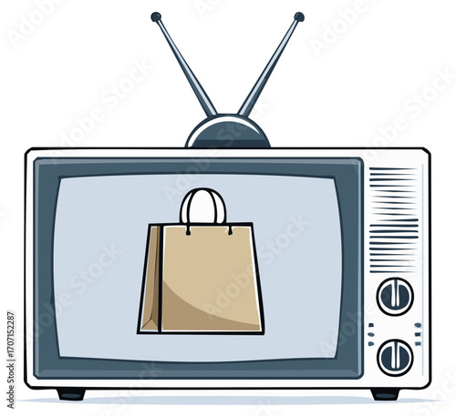 Vintage television with shopping bag on screen. Displaying commercial advertisement or product placement in digital medium.