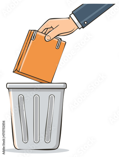 Document disposal illustration: Hand putting paperwork into a trash container, discarded folder concept