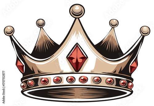 Ornate Golden Crown with Red Jewels and Pearly Orbs on White