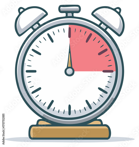 Cartoon illustration of a retro alarm clock with red time markings, vintage style.