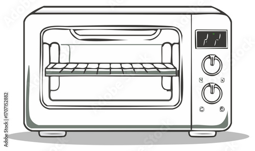 Hand drawn illustration of a compact countertop oven with a rack and digital display