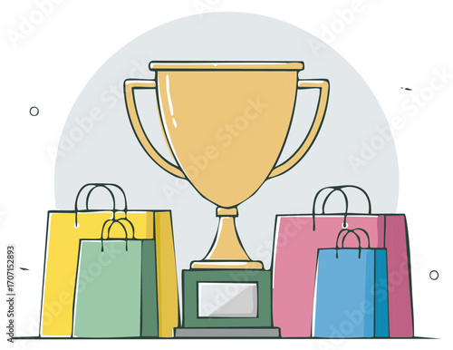 Gold trophy stands behind colorful shopping bags, highlighting consumerism success