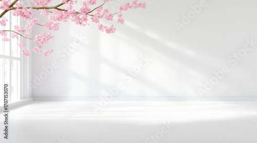 Empty white room with cherry blossom branch