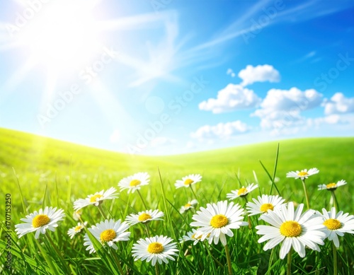 Daisy field beneath blue sky with fluffy clouds, bathed in sunlight; green meadow, serene, peaceful scene evokes spring and nature