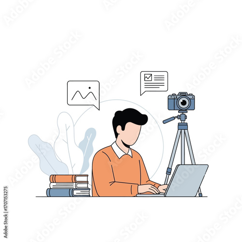 A man working on a laptop with a camera on a tripod, surrounded by books and digital content icons, illustrating online content creation or remote work.