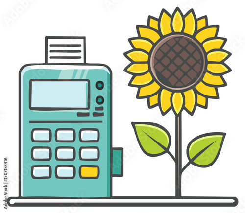 Cartoon illustration of a point of sale terminal machine and a vibrant sunflower plant
