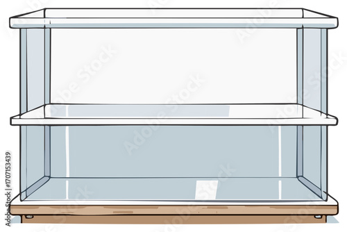 Illustrated transparent glass display case with wooden base, shelves, and dividers