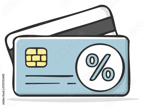 Cartoon style credit card illustration with an EMV chip and percentage symbol representing financial deals or savings