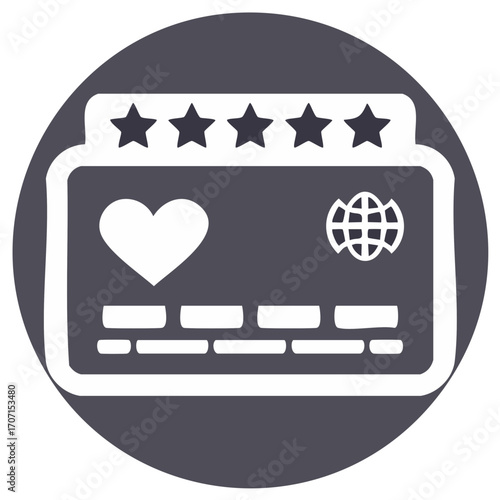 Review Stars, Heart, Globe icon on a Rounded Card with Filled Grey Circle