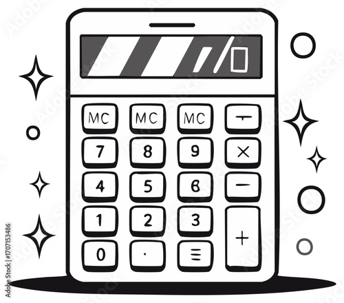 Illustrated calculator with decorative elements, vector art.