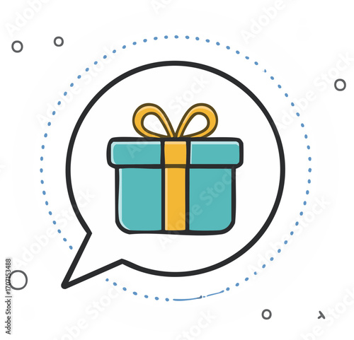 Illustration of a gift box in a speech bubble, representing giving and celebration