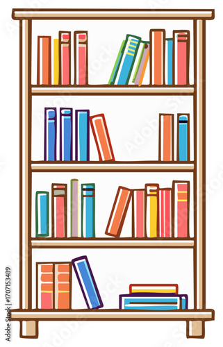 Colorful Illustration of a Wooden Bookshelf with Books on Display, Library or Bookstore
