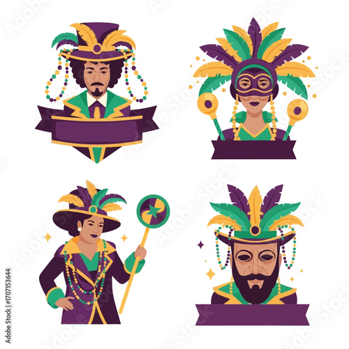 Four festive Mardi Gras characters in traditional costumes with feathers, beads, and masks, celebrating the carnival spirit.
