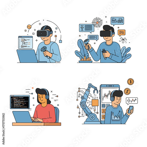 Four diverse individuals engaging in virtual reality, coding, and mobile app development using modern technology.