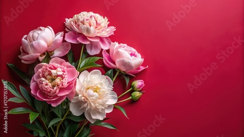 A vibrant bouquet of pink and white peonies arranged artistically against a rich crimson backdrop