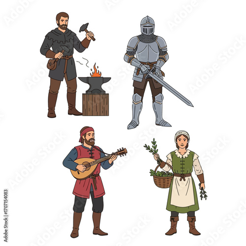 Medieval life depicted through a blacksmith, knight, musician, and peasant woman.