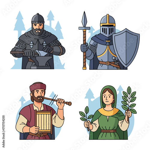 Four medieval characters illustrated, depicting a blacksmith, knight, musician, and maiden.