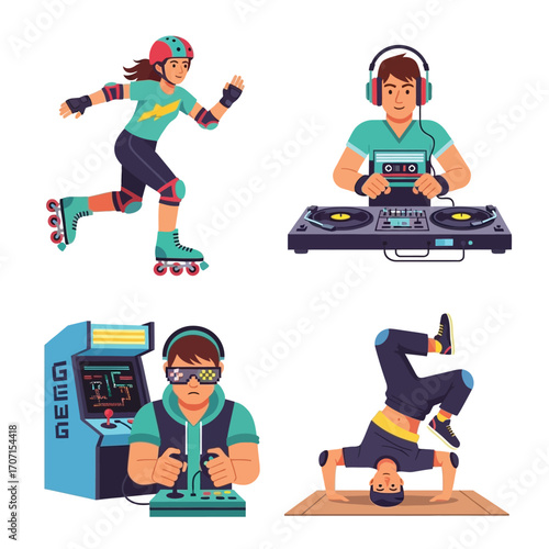 Four diverse illustrations showcasing individuals engaged in various recreational activities, each with unique equipment.