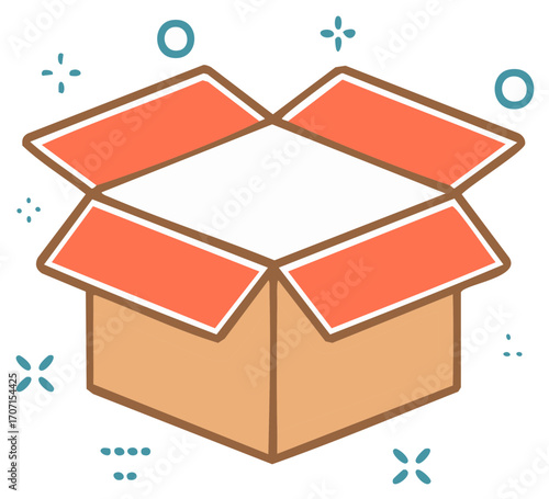 Doodle style open brown cardboard box with orange flaps and blue sparkles symbolizing unboxing or gift delivery