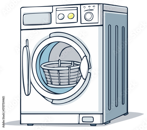 Washing Machine Illustration with Open Door and Laundry Basket Inside - Home Appliance