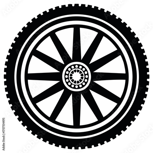 Black and white illustration of a wagon wheel tire in a graphic style