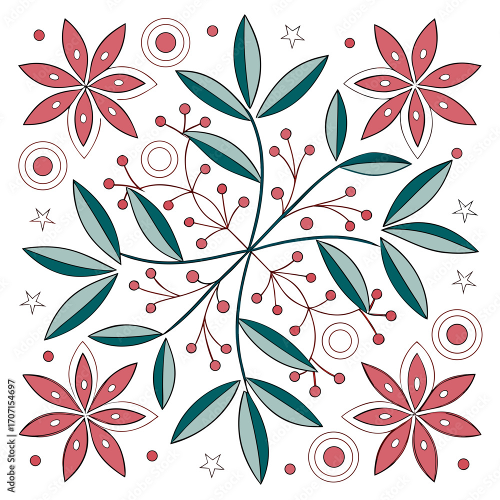 Fototapeta premium Decorative mandala pattern with red berries green leaves pink flowers and stars