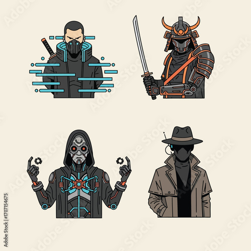 Four stylized illustrations showcase futuristic characters: a ninja, samurai, cyborg, and detective, each with distinct features and attire.