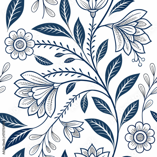 Elegant navy blue floral pattern with detailed leaves and blooming flowers on a white background