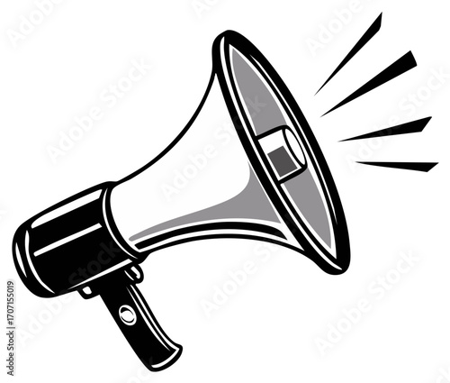 Stylized loud megaphone with abstract sound waves, announcing in black and white vector illustration