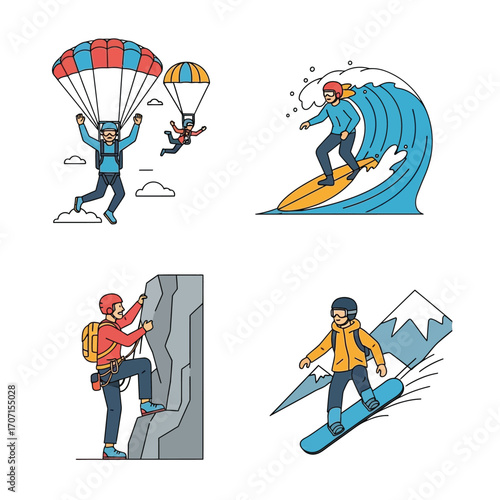 Four illustrations of adventurous activities, including skydiving, surfing, rock climbing, and snowboarding.