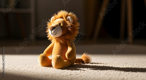 Cute lion plush toy sitting on a carpet in a sunlit room indoors
