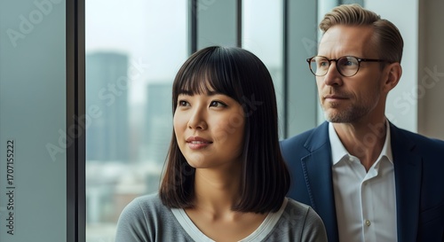 Multicultural business professionals looking thoughtfully towards the future from a modern office with a city view