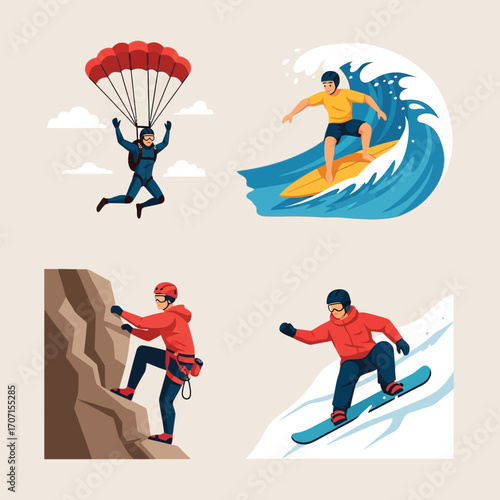 Four diverse outdoor sports activities, including skydiving, surfing, rock climbing, and snowboarding.