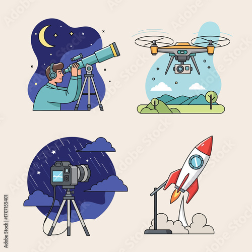 Night sky observation, drone photography, astrophotography, and rocket launch illustrations.