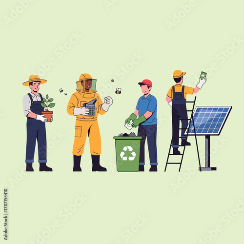 Diverse workers contributing to environmental sustainability through farming, beekeeping, recycling, and solar energy installation.