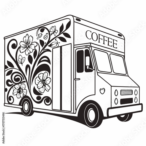 Artistic black and white line drawing of a coffee food truck with floral and butterfly decorative elements