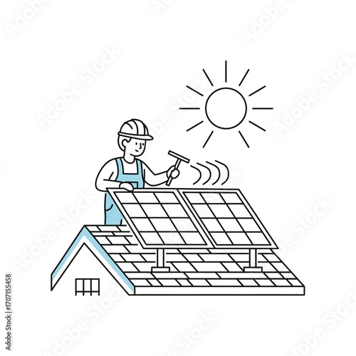 A worker cleans solar panels on a house roof under a bright sun.