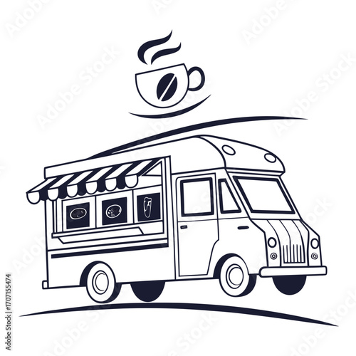 Stylized line art illustration of a food truck serving hot coffee with a steaming cup above the awning