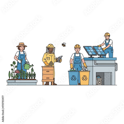 Diverse workers contributing to sustainable practices: gardening, beekeeping, recycling, and solar energy.
