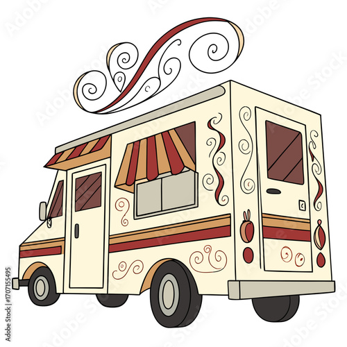 Whimsical cream colored food truck with decorative swirls and awning