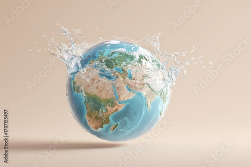 Earth globe in mid-air, water splash