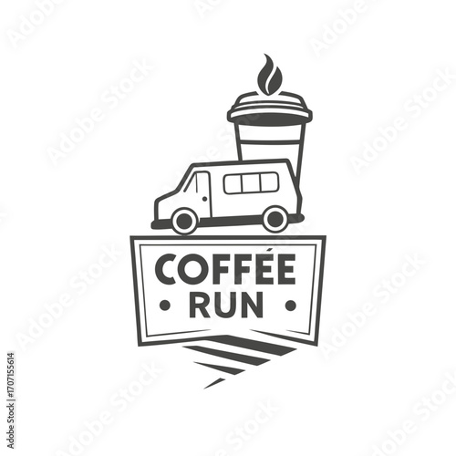 Coffee run logo design featuring a van and a steaming coffee cup on a badge