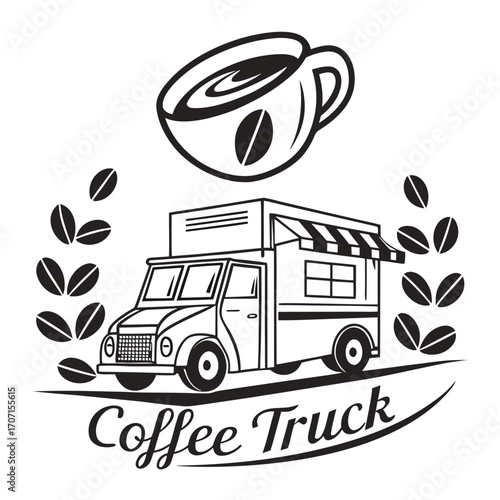 Stylized black and white illustration of a coffee truck with a steaming cup and coffee beans