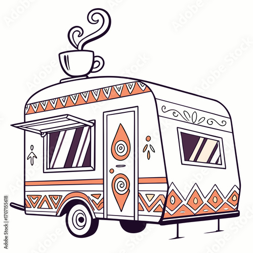 Whimsical caravan with steaming coffee cup on roof and decorative tribal patterns